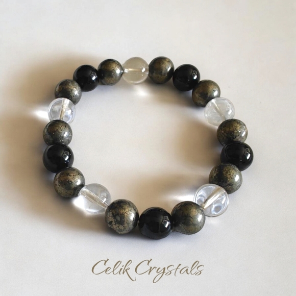 Pyrite Clear Quartz and Onyx Bracelet Natural Stones 10mm Unisex - Picture 2 of 6